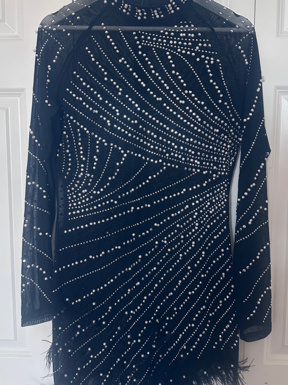 Black Embellished Sheer Long-Sleeve Party Dress